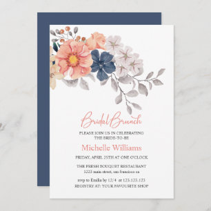 Spring Flowers Coral Navy Bridal Brunch Invitation