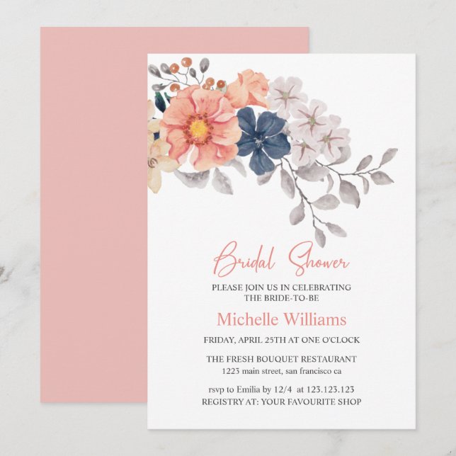 Spring Flowers Coral Navy Bridal Shower Invitation (Front/Back)