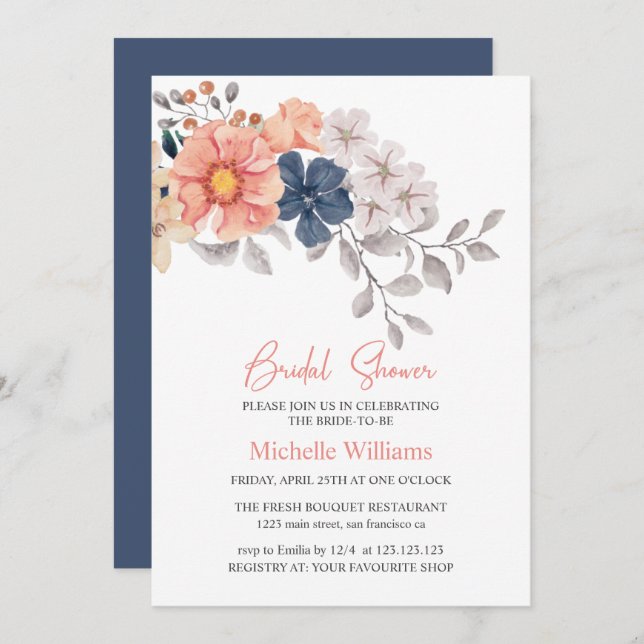 Spring Flowers Coral Navy Bridal Shower Invitation (Front/Back)