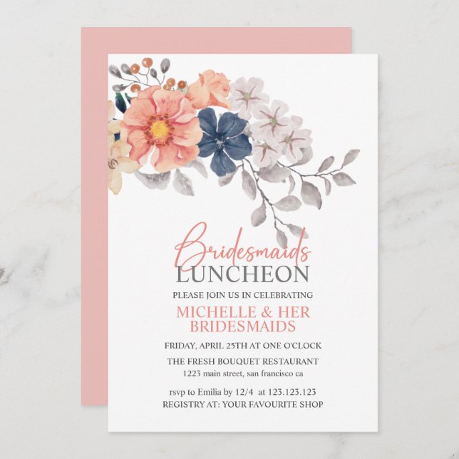 Spring Flowers Coral Navy Bridesmaids Luncheon Inv Invitation (Front/Back)