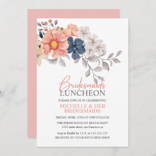 Spring Flowers Coral Navy Bridesmaids Luncheon Inv Invitation