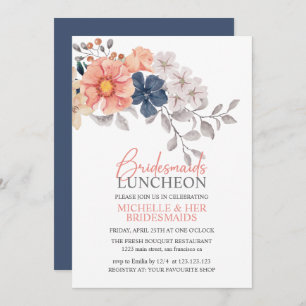 Spring Flowers Coral Navy Bridesmaids Luncheon Inv Invitation