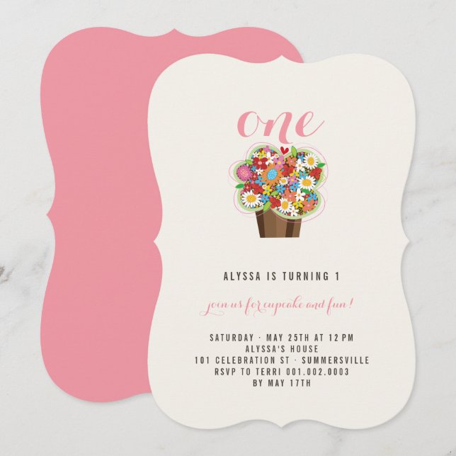 Spring Flowers Cupcake 1st Birthday Party Invite (Front/Back)