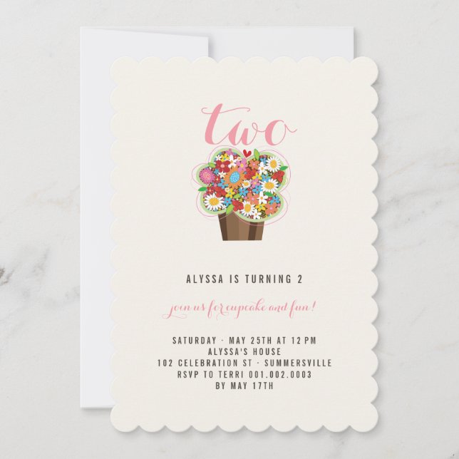 Spring Flowers Cupcake 2nd Birthday Party Invite (Front)