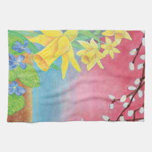 Spring Flowers - Daffodils, Willow, Violets Tea Towel