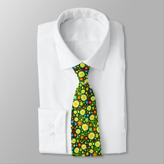 Spring Flowers - Dark Green Tie (Tied)