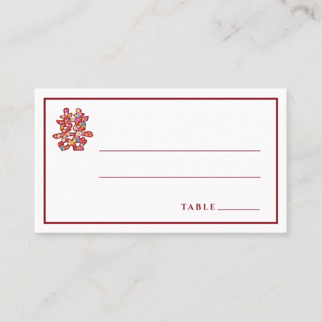 Spring Flowers Double Happiness Chinese Wedding Place Card (Front)