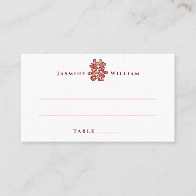 Spring Flowers Double Happiness Chinese Wedding Place Card (Front)