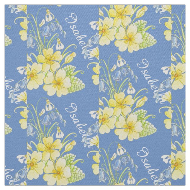 Spring flowers drawing and name yellow blue fabric (Swatch)