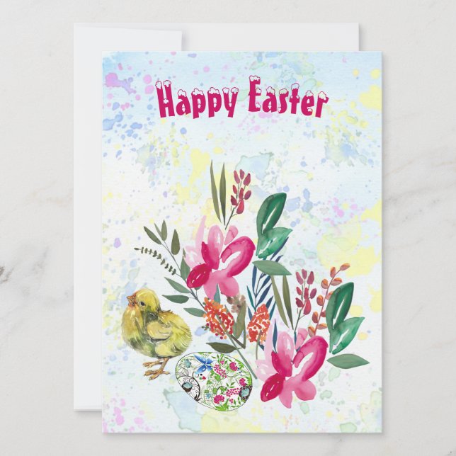 Spring Flowers Easter Chick Decorative Flora Green Holiday Card (Front)