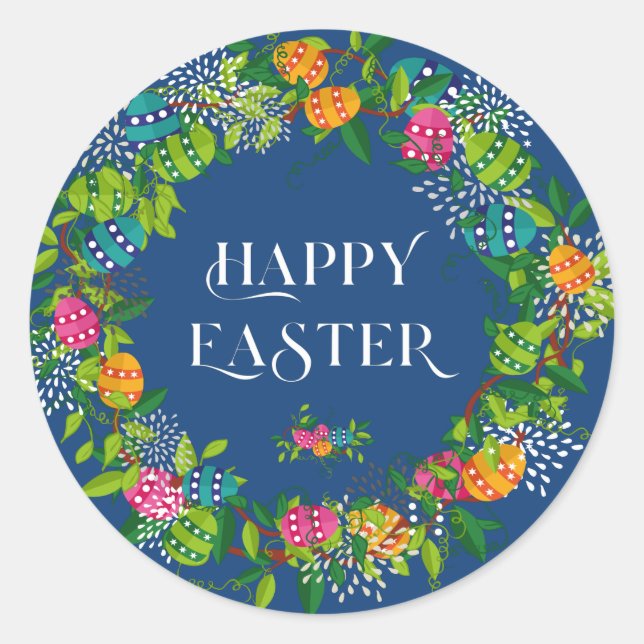 Spring Flowers & Easter Eggs Colourful Wreath Classic Round Sticker (Front)