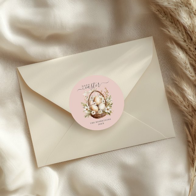 Spring Flowers Eggs Pastel Happy Easter Classic Round Sticker (Spring Flowers Eggs Pastel Happy Easter Classic Round Sticker on an elegant envelope.)
