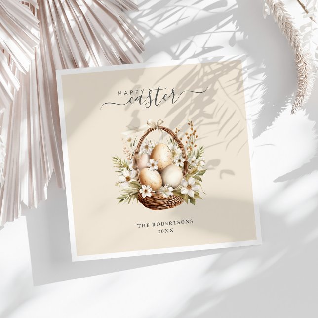 Spring Flowers Eggs Pastel Happy Easter Napkin (Spring Flowers Eggs Pastel Happy Easter Napkins on a sunny white table.)