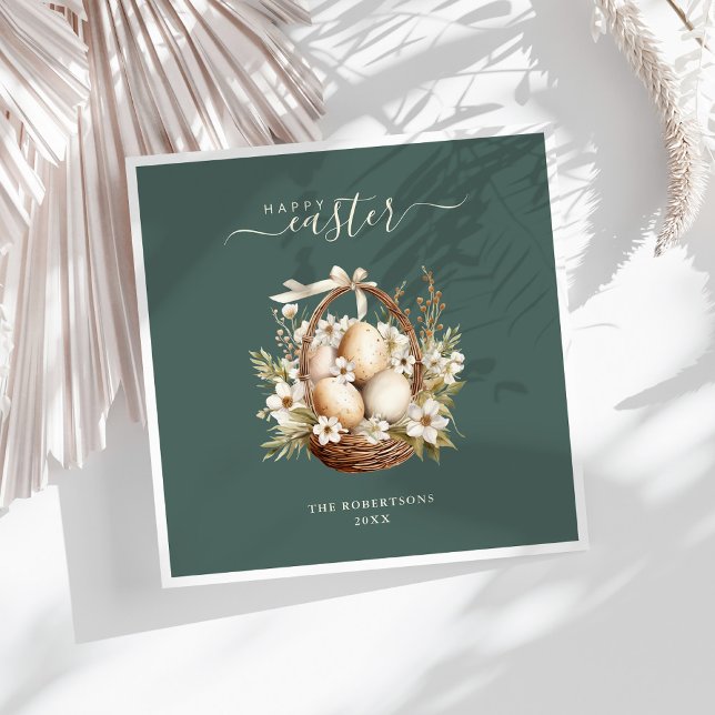 Spring Flowers Eggs Sage Green Happy Easter Napkin (Spring Flowers Eggs Sage Green Happy Easter Napkins on a sunny white table.)