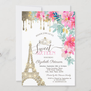 Spring Flowers Eiffel Tower Gold Drips Sweet 16 Invitation