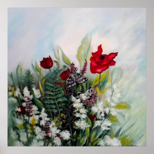 Spring flowers field with poppies and butterflies  poster
