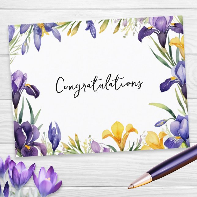 Spring Flowers Floral Border Congratulations Postcard (A postcard with 'Congratulations' message and a border of Spring flowers in a watercolor style)