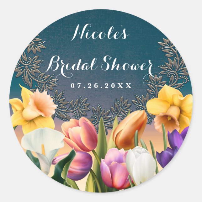 Spring Flowers Floral Frame Elegant Chic Favour Classic Round Sticker (Front)