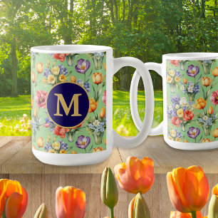 Spring Flowers Garden Sage Green Monogrammed Coffee Mug