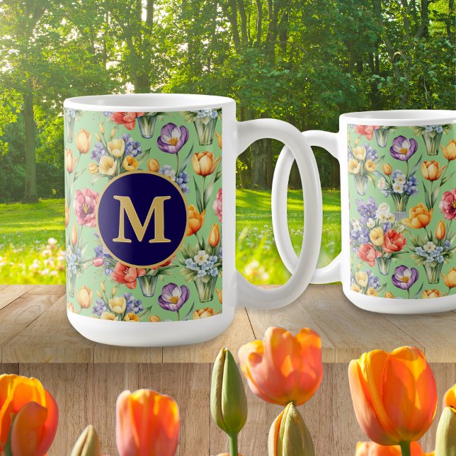 Spring Flowers Garden Sage Green Monogrammed Coffee Mug (An elegant monogrammed mug for garden lovers, with Spring flowers pattern on a green background)