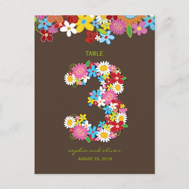 Spring Flowers Garden Wedding Party Table Number 3 Postcard (Front)