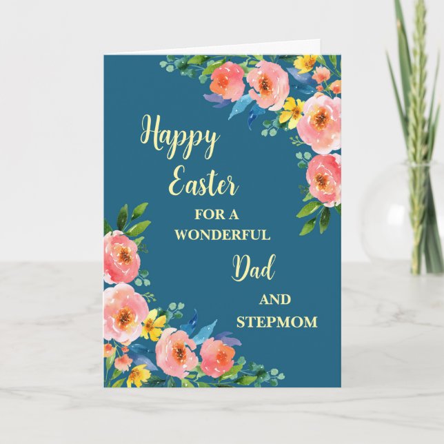 Spring Flowers Happy Easter Dad and Stepmom Holiday Card (Front)