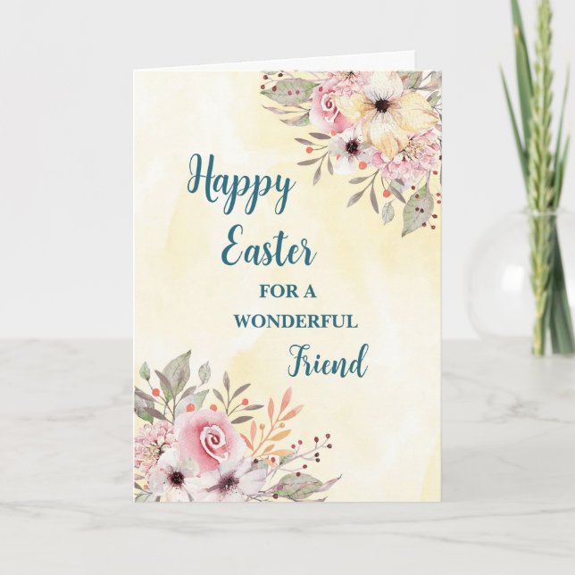 Spring Flowers Happy Easter Friend Holiday Card (Front)