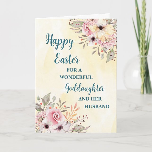 Spring Flowers Happy Easter Goddaughter & Husband Holiday Card (Front)