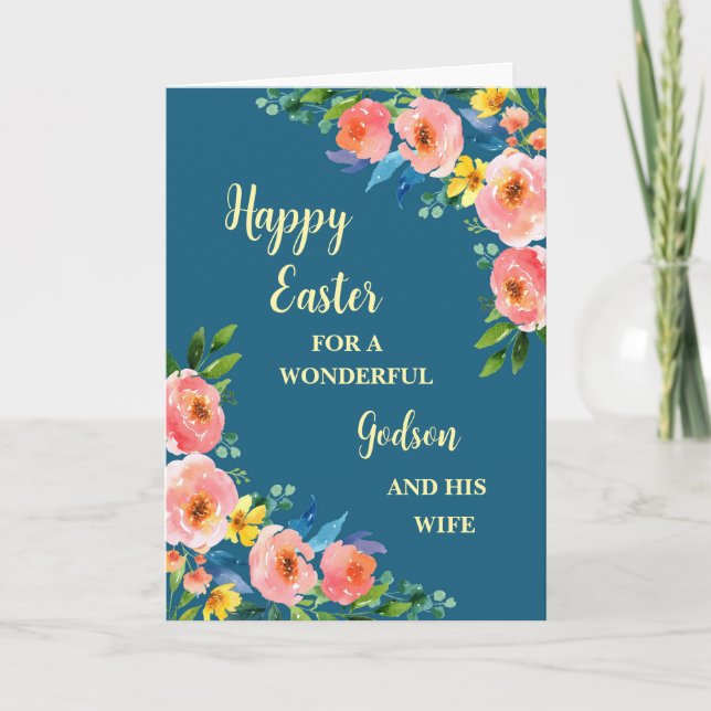 Spring Flowers Happy Easter Godson and His Wife Holiday Card (Front)