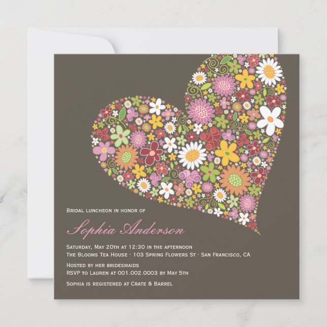 Spring Flowers Heart Love Bridal Luncheon Invite (Front)