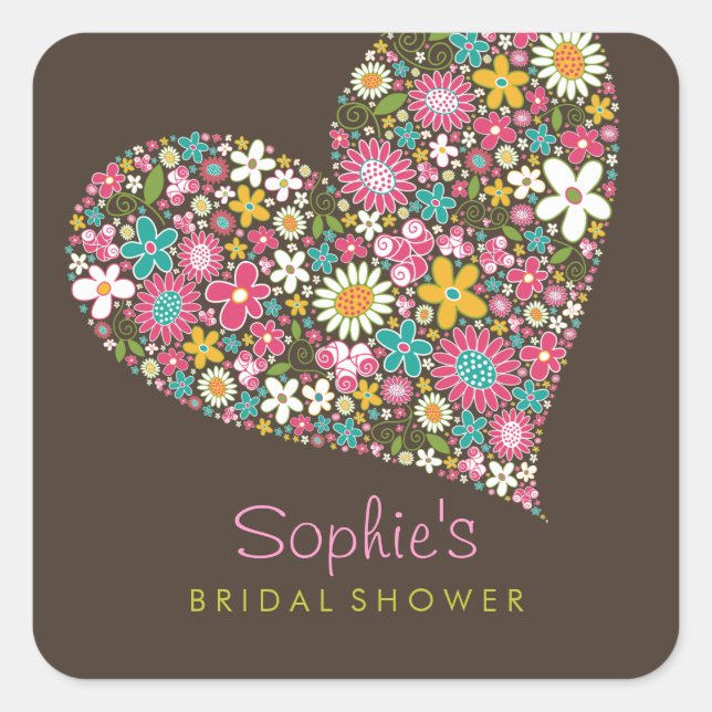 Spring Flowers Heart Love Bridal Shower Wedding Square Sticker (Front)