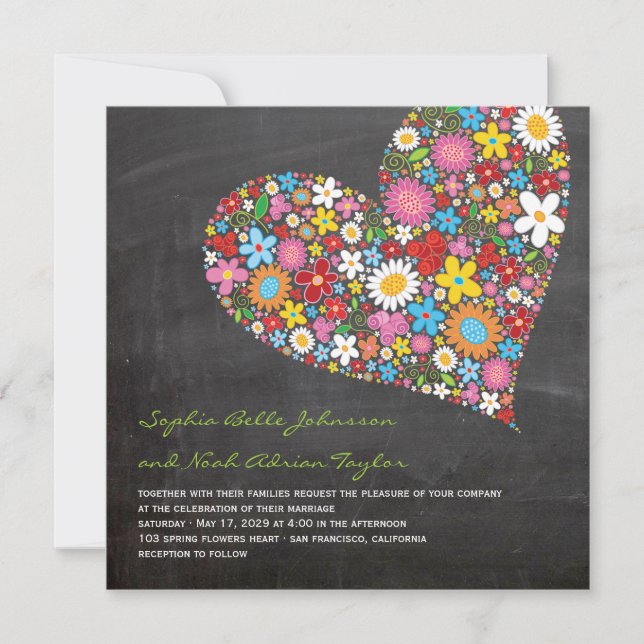 Spring Flowers Heart Whimsical Chalkboard Wedding Invitation (Front)