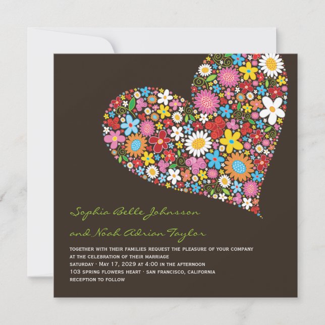 Spring Flowers Heart Whimsical Wedding Invite (Front)
