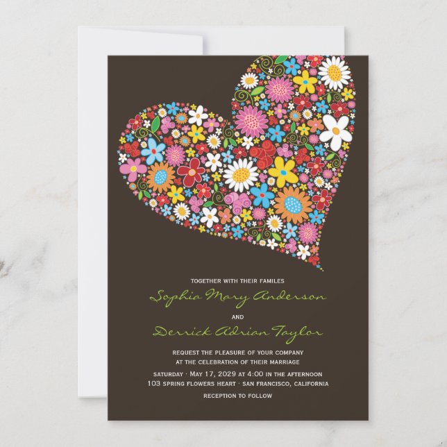 Spring Flowers Heart Whimsical Wedding Invite (Front)