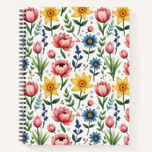 Spring Flowers in Blue Pink and Yellow Notebook