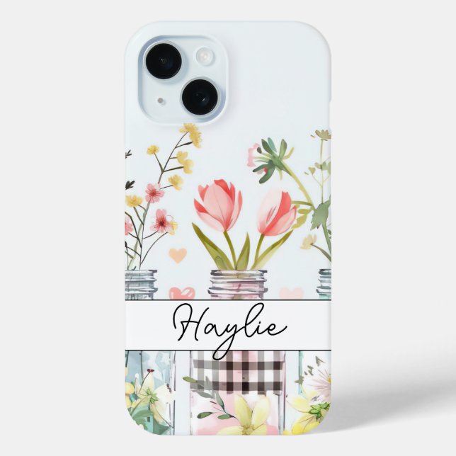 Spring Flowers in Mason Jar Design with Name Case-Mate iPhone Case (Back)