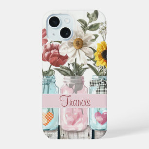 Spring Flowers in Mason Jar Design with Name iPhone 15 Case