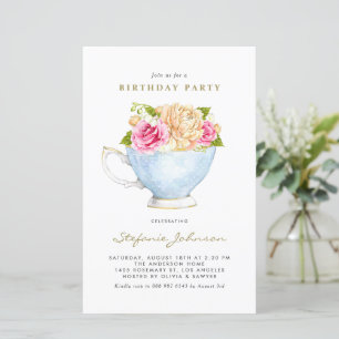Spring Flowers in Teacup Birthday Party Invitation