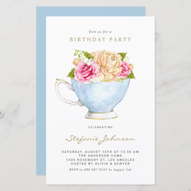 Spring Flowers in Teacup Birthday Party Invitation (Front/Back)