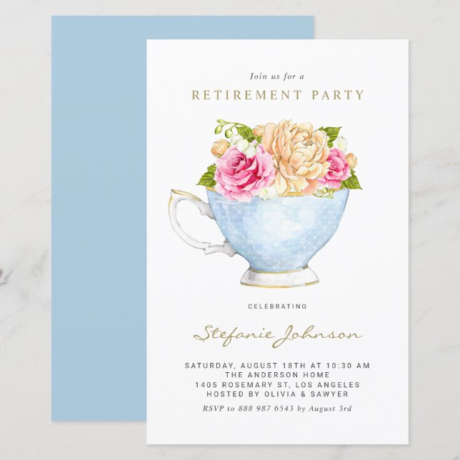 Spring Flowers in Teacup Retirement Invitation (Front/Back)