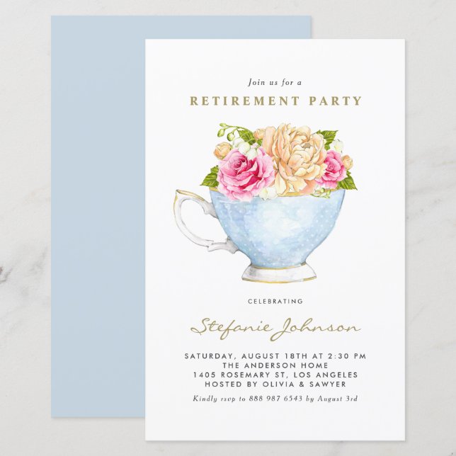 Spring Flowers in Teacup Retirement Invitation (Front/Back)