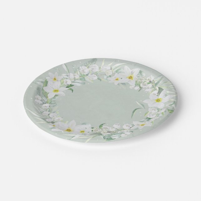 Spring Flowers in White Floral Wreath Paper Plate (Angled)
