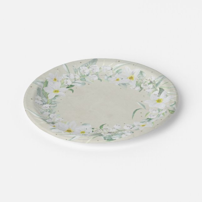 Spring Flowers in White Floral Wreath Paper Plate (Angled)
