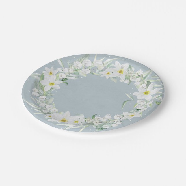 Spring Flowers in White Floral Wreath Paper Plate (Angled)
