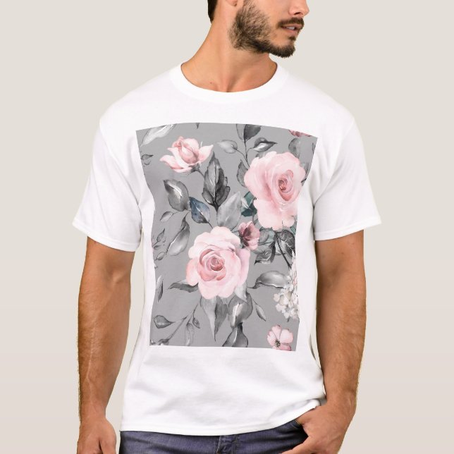 Spring Flowers Leaves Hand Drawn T-Shirt (Front)