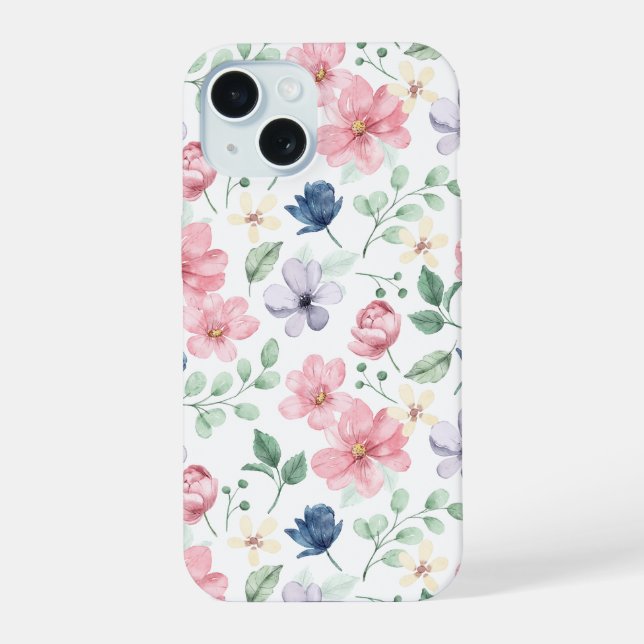 Spring Flowers & Leaves Pattern iPhone 15 Case (Back)