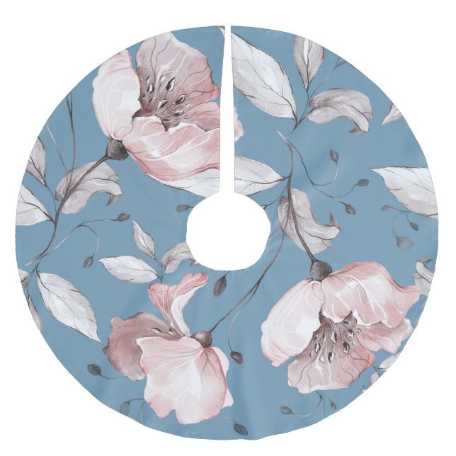 Spring flowers, leaves, seamless design brushed polyester tree skirt (Front)
