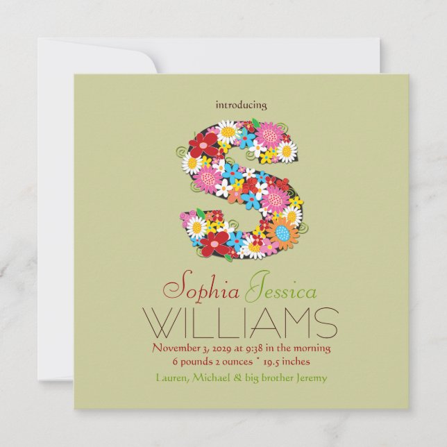 Spring Flowers Monogram Baby Girl Photo Birth Announcement (Front)
