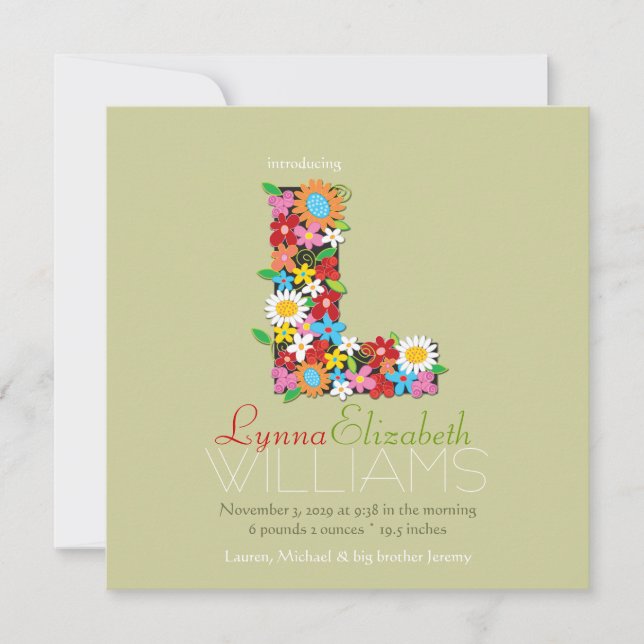 Spring Flowers Monogram Baby Girl Photo Birth Announcement (Front)