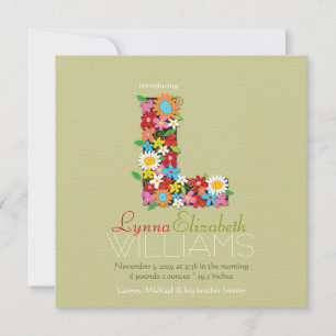 Spring Flowers Monogram Baby Girl Photo Birth Announcement